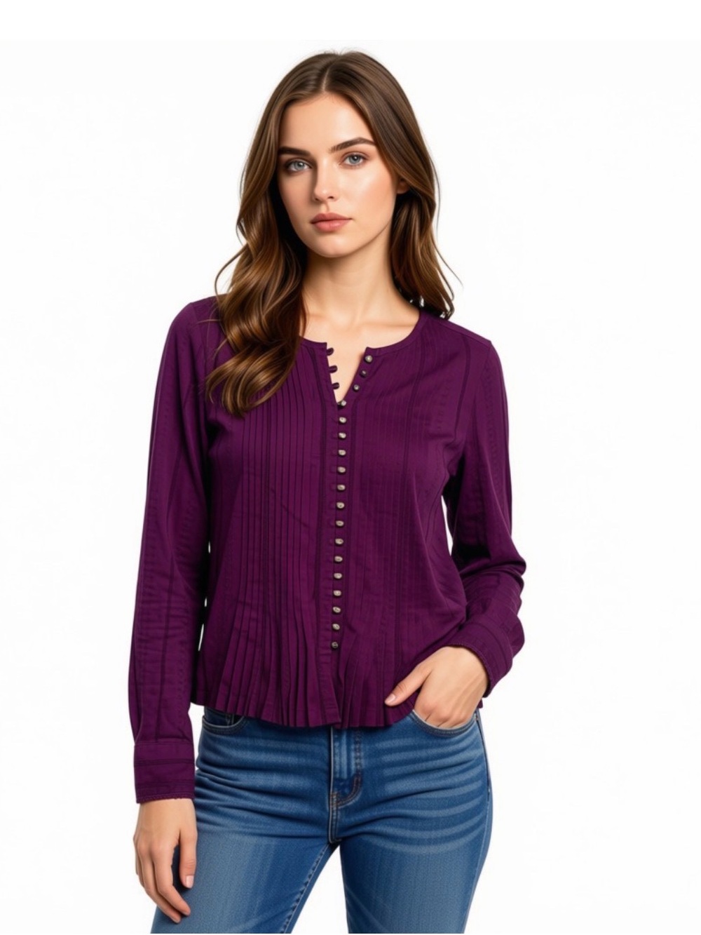 Anthropologie Maeve Plum Purple Button-Front Pleated Women's Top Boho Chic